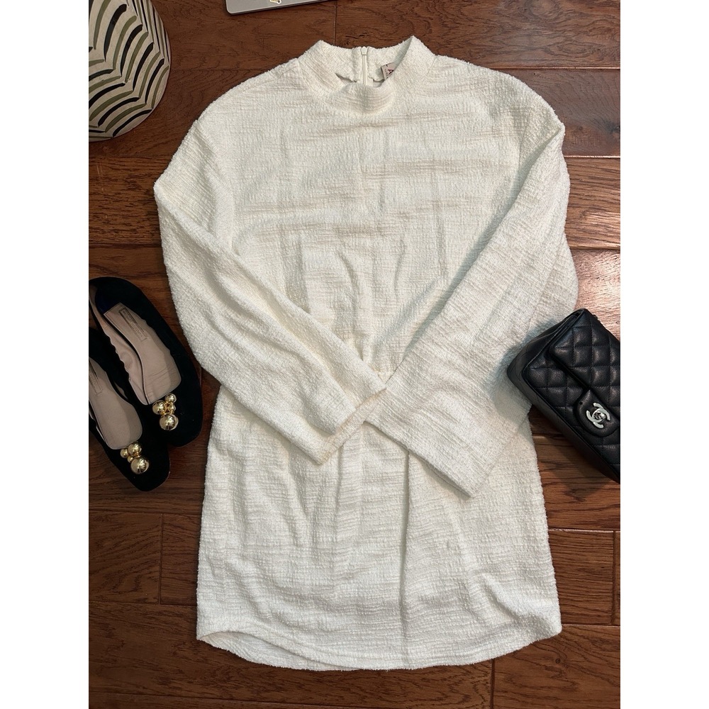 Dolan Left Coast Womens S Tweed Textured Mock Neck Shift Mini Dress White Cream